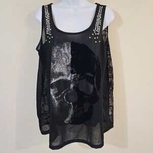 MXM Women's Gothic Sheer Lace Beaded Skull Top Size - X